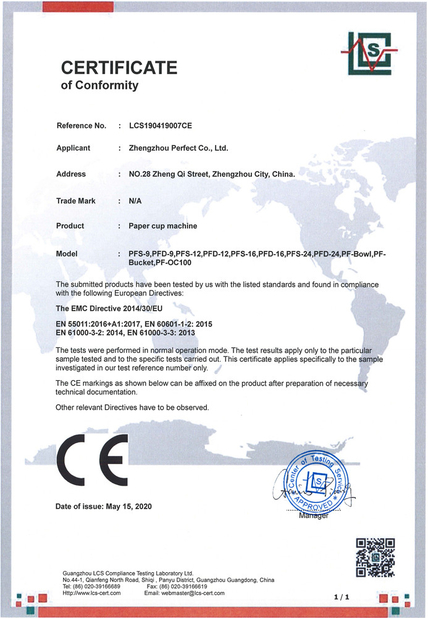 China Zhengzhou Perfect Co., Ltd. certificaciones